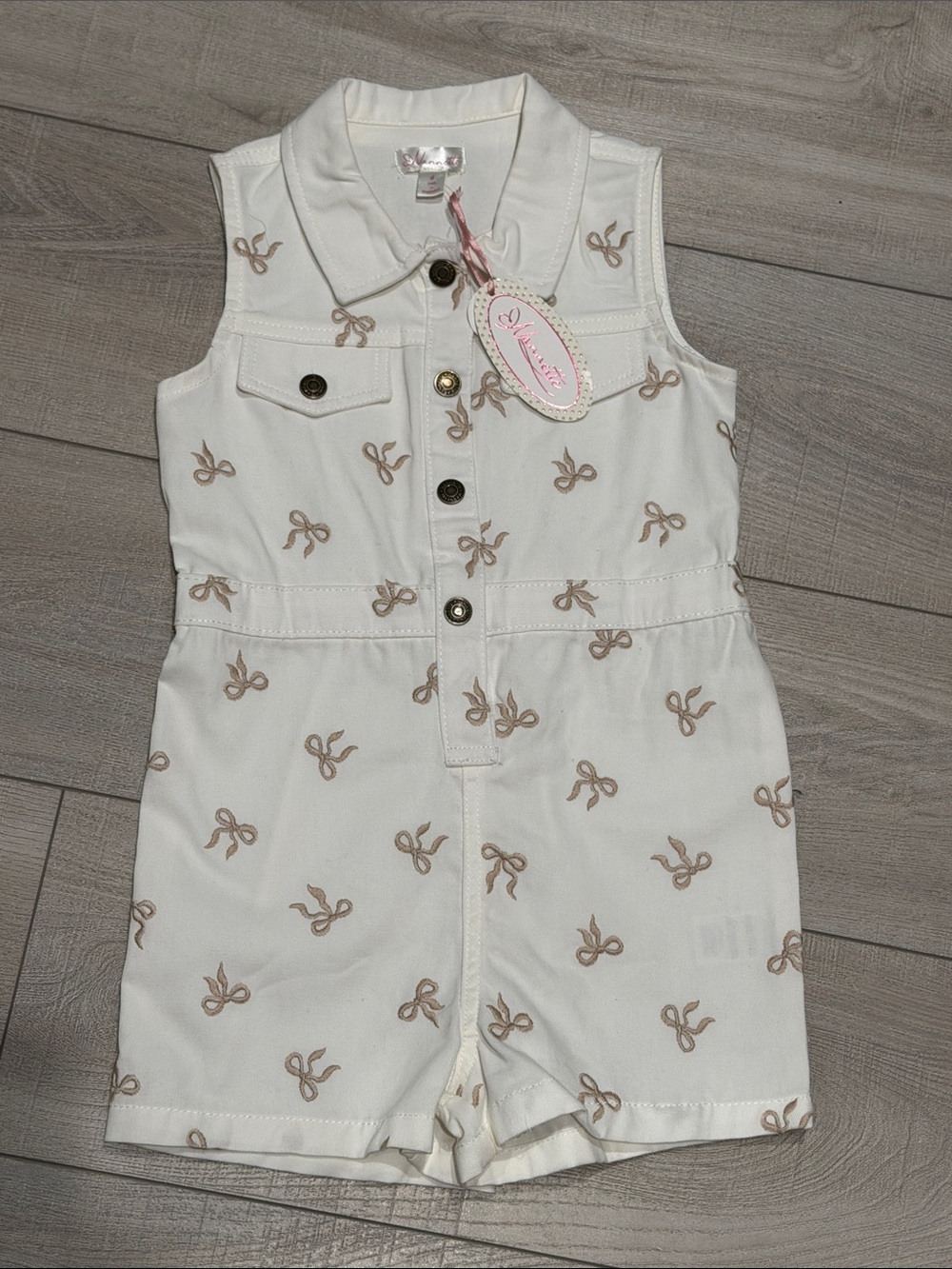 Nannette White Collared Button Up Romper with Bows- Girls Size 6